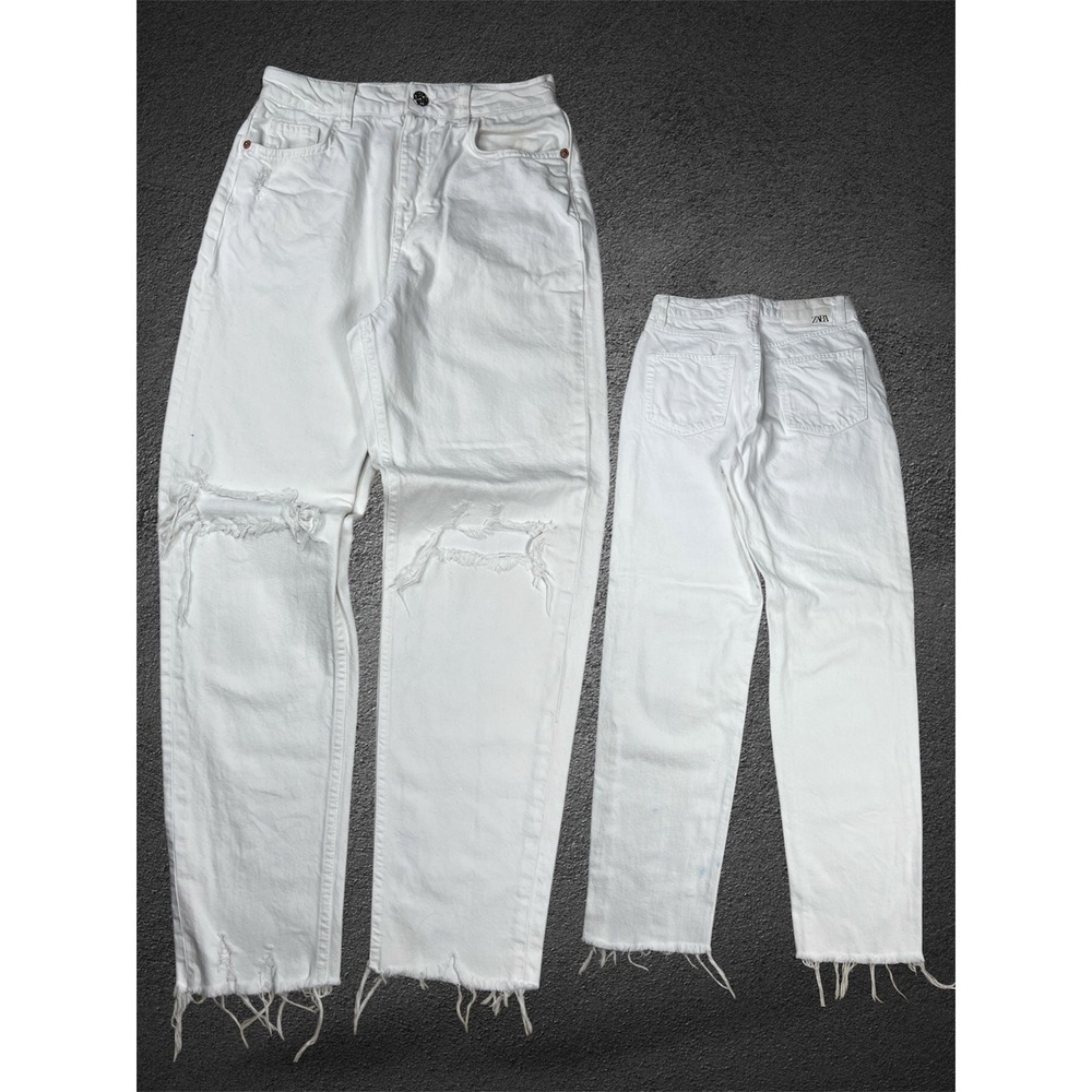 Zara Womens White Distressed High Waisted Straight Leg Jeans Size 4 Raw Hem A36